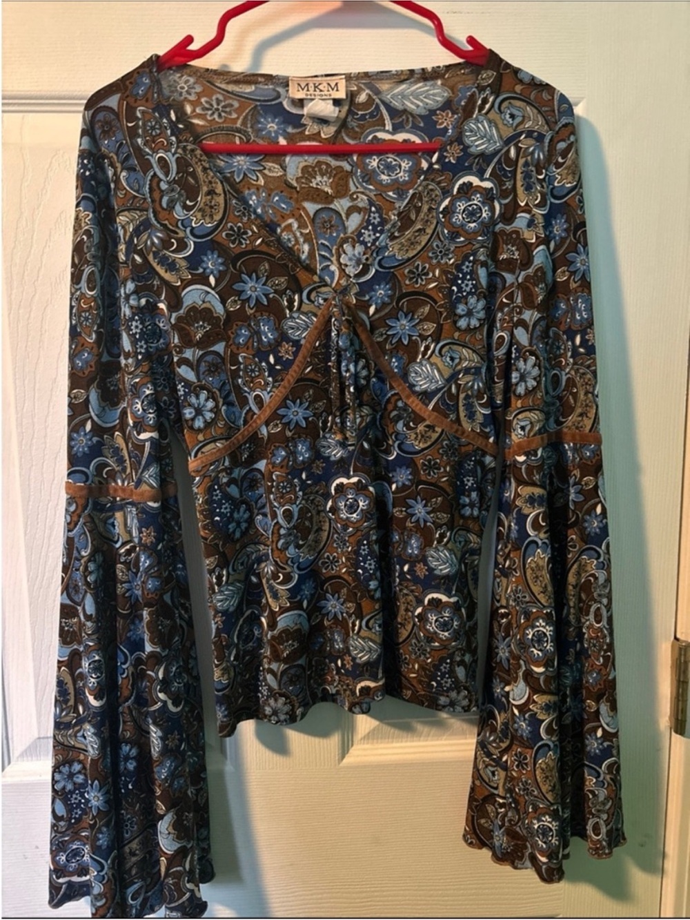 Vintage MKM Designs Blue and Brown Paisley Tie-Front Bell-Sleeve Tunic